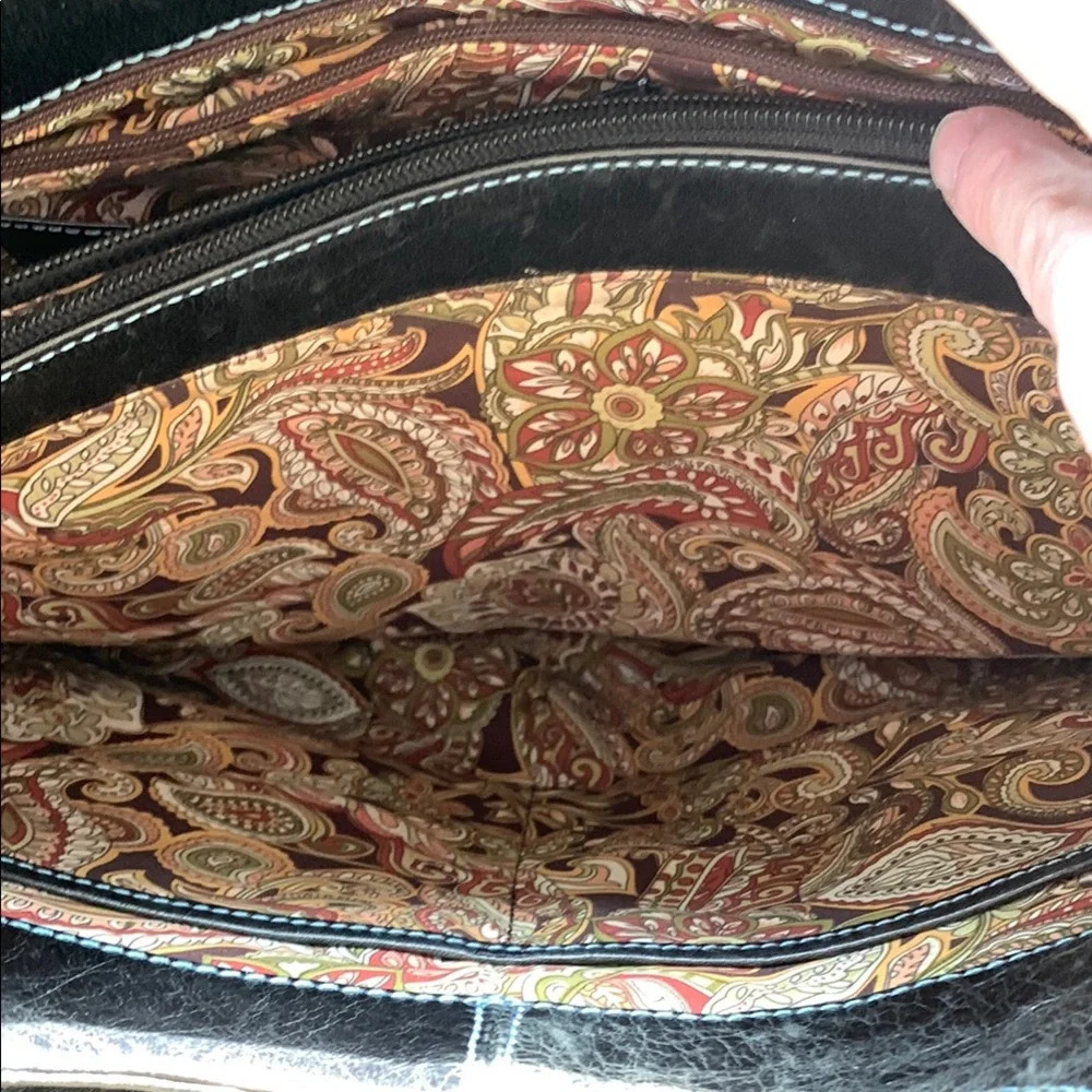 Nordstrom Black Leather Blue Stitching Casual Tote Bag Paisley Lining Lg Pockets - Picture 9 of 14